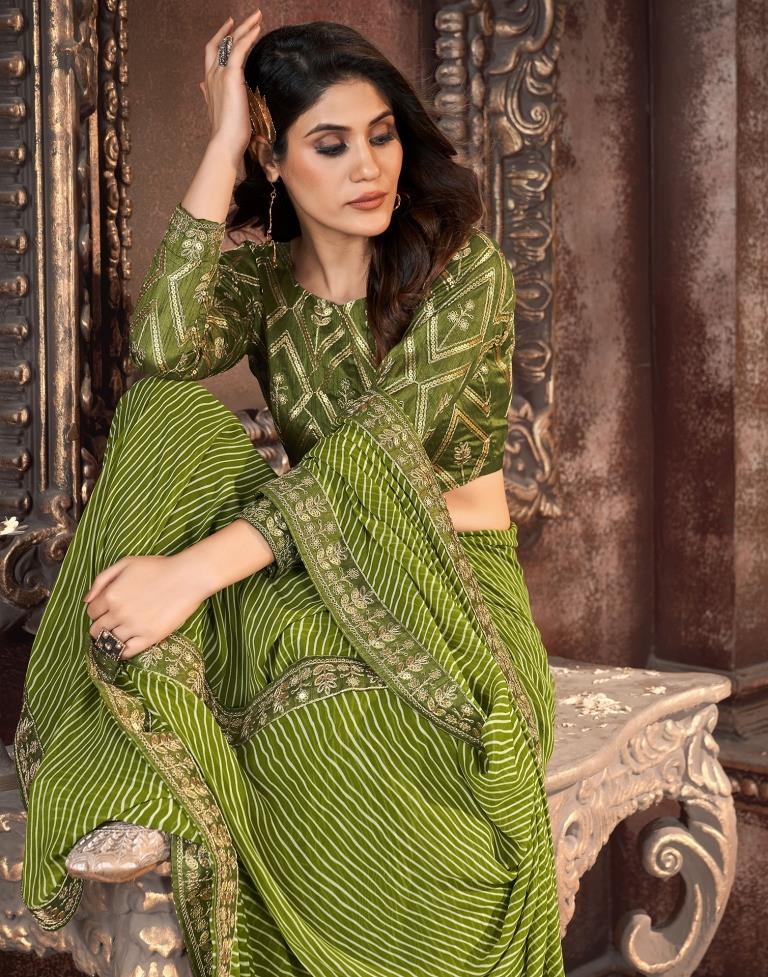 Olive Green Printed Georgette Saree