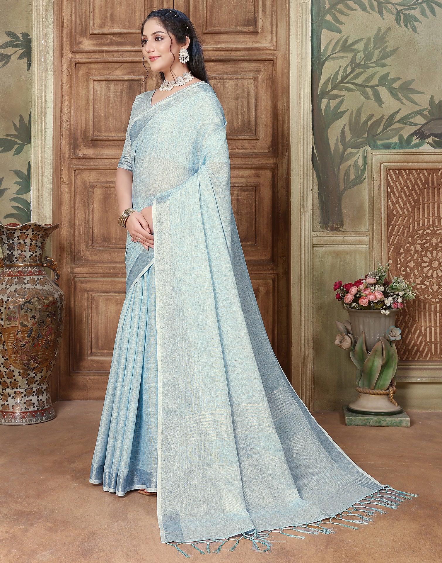 Buy J.A. Women's Sky Blue Color Georgette Plain Saree With Attached Blouse  Piece at Amazon.in