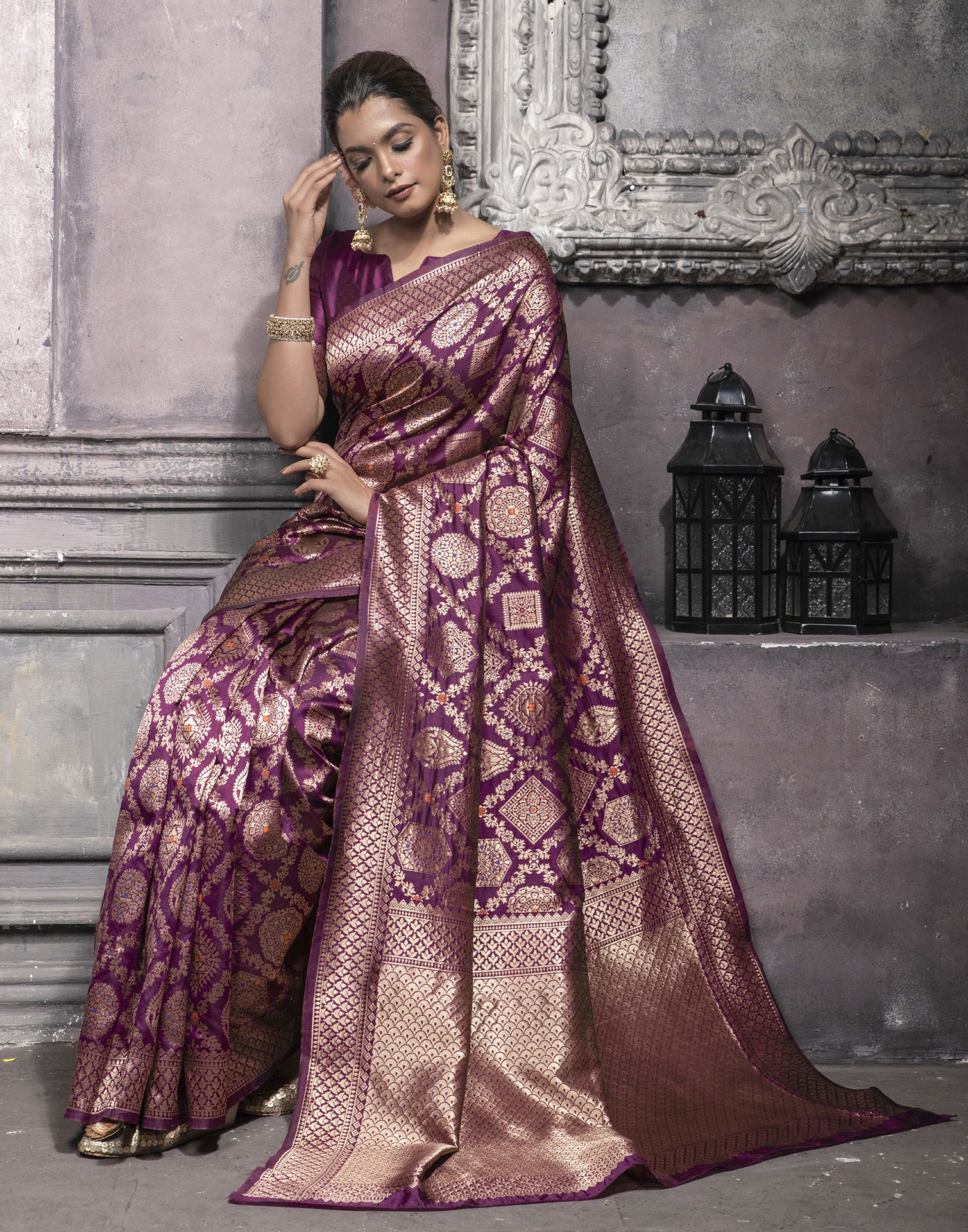 Bright Magenta Pure Katan Silk Banarasi Saree with Floral Jaal – Ikkat Door