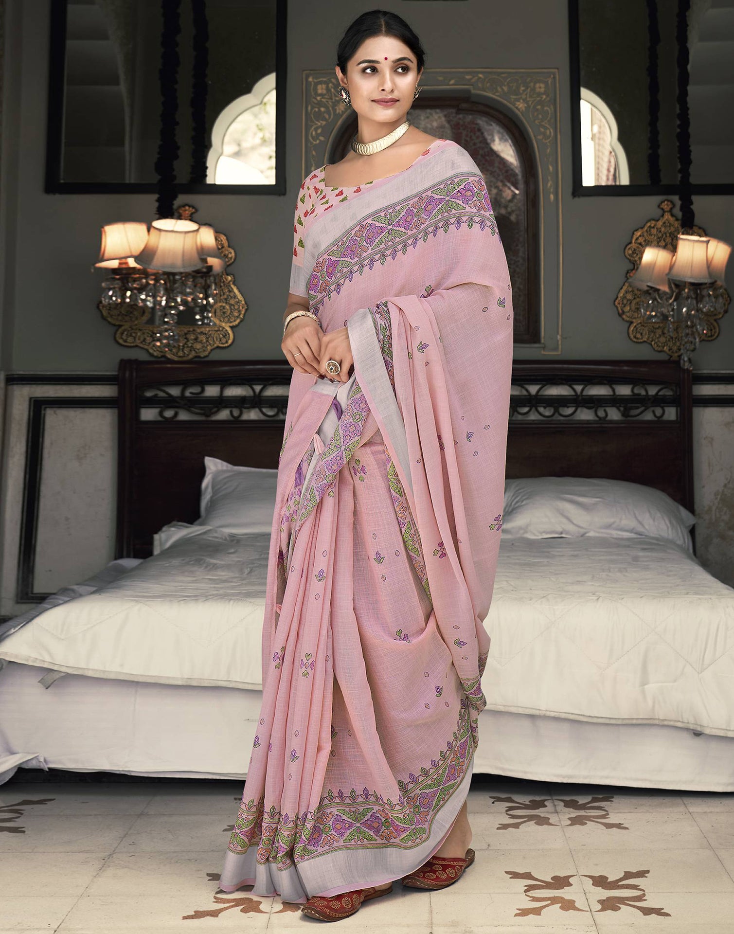 Woven Pashmina Silk Saree in Baby Pink : SPF9205