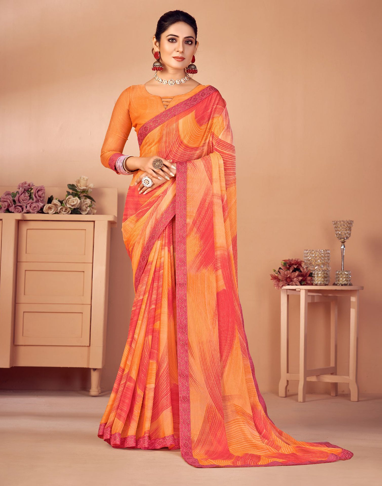 Orange Chiffon Saree With Blouse 161888 | Orange chiffon, Chiffon saree,  Saree