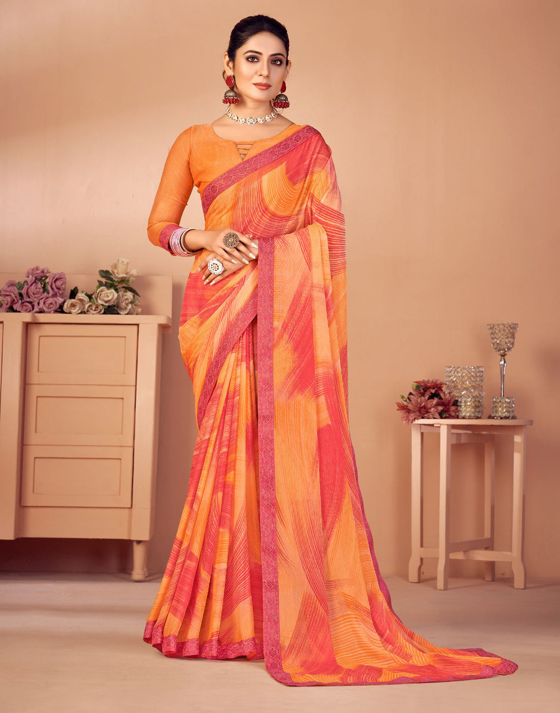 Light Orange Printed Chiffon Saree