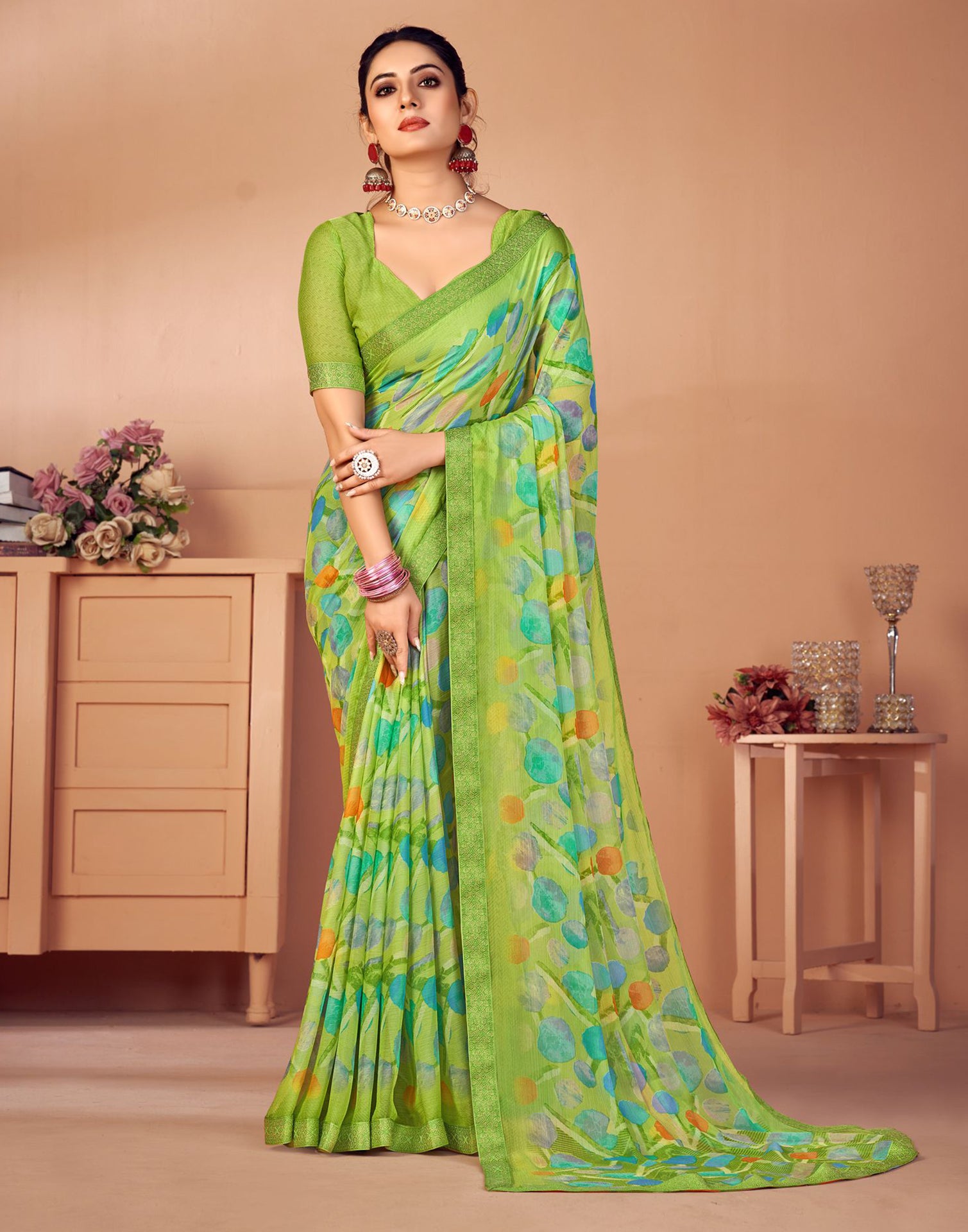 Vamika - Navy Blue and Parrot Green Chiffon Georgette Halfsaree –  Ivalinmabia