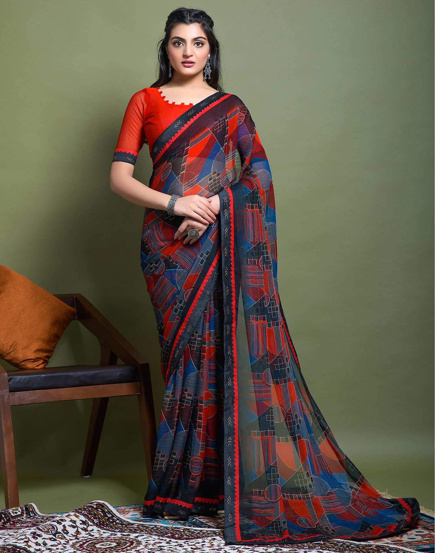 Aditi Printed French Chiffon Saree – Atelier Shikaarbagh