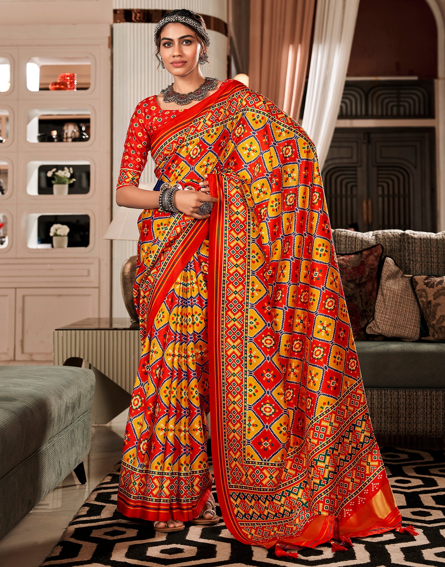 Multicoloured Printed Silk Saree