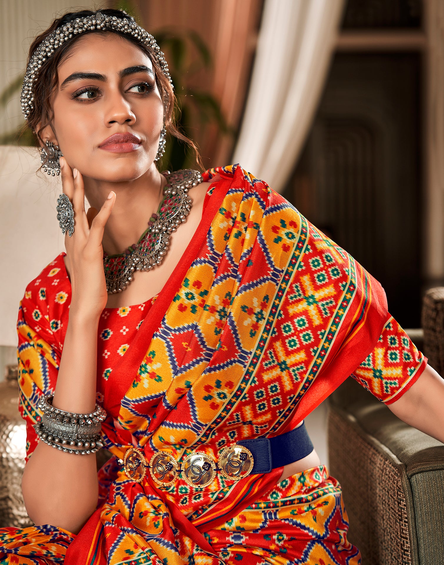Multicoloured Printed Silk Saree
