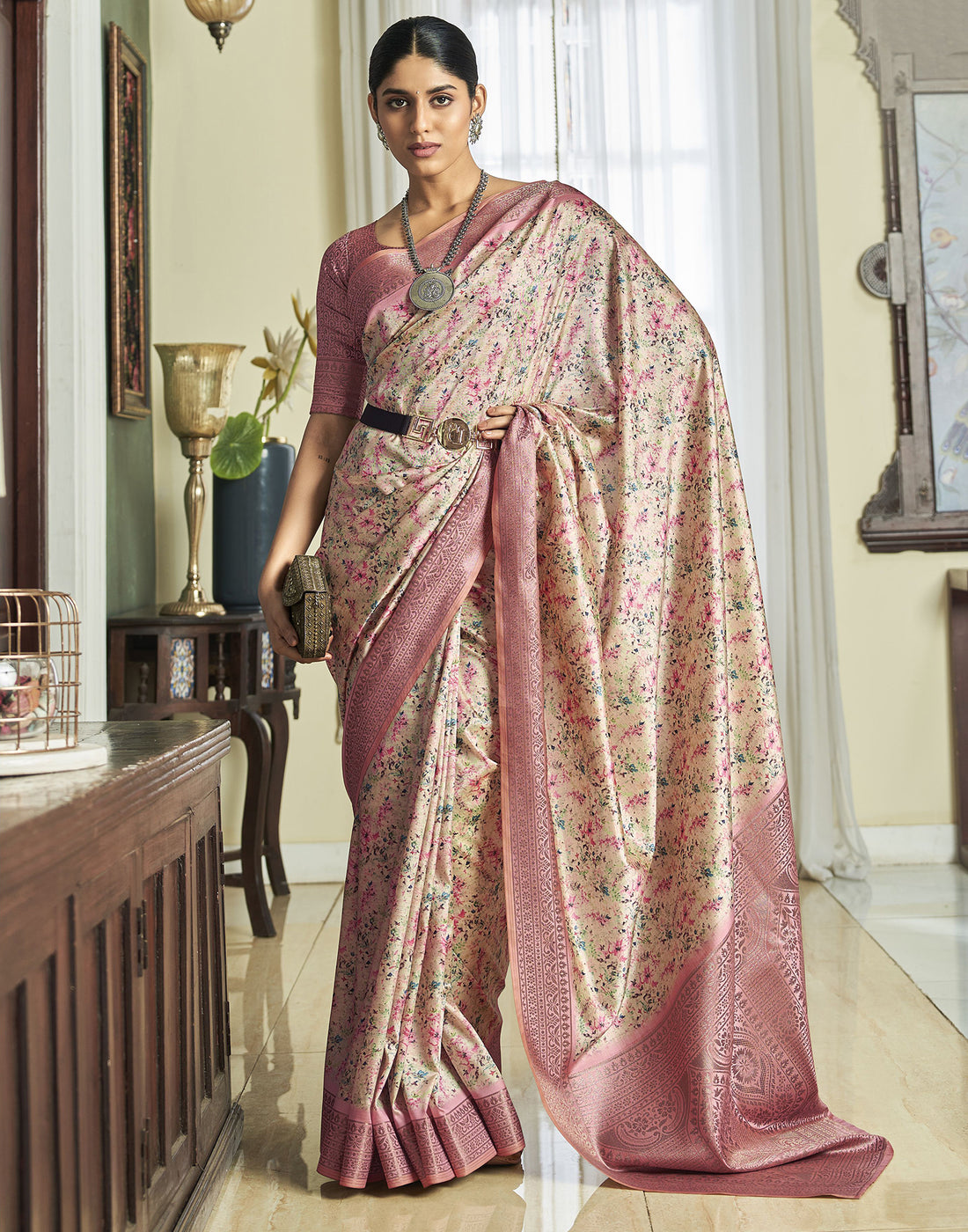 Cream Weaving Silk Printed Saree
