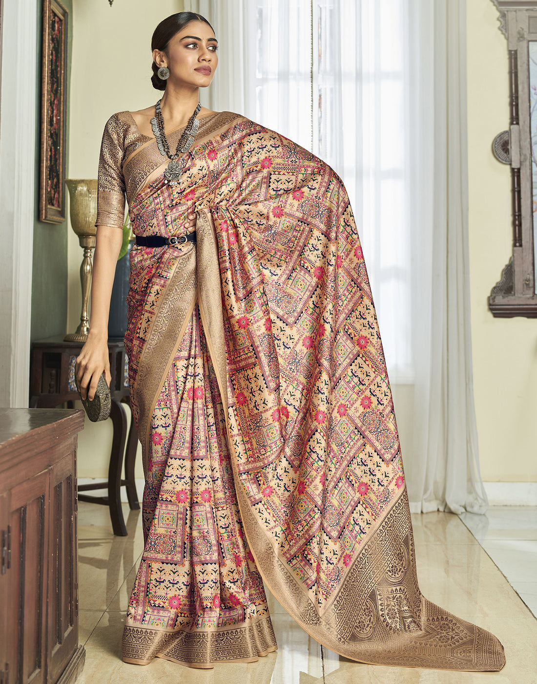 Beige Weaving Silk Printed Saree