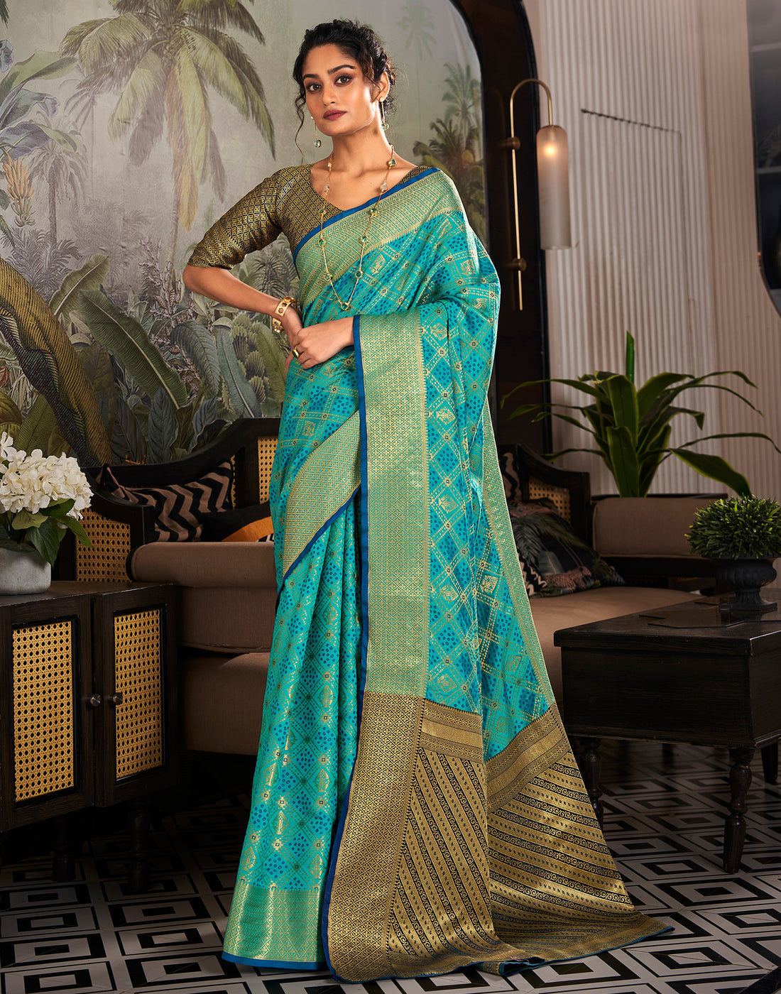 Turquoise Weaving Silk Bandhani Saree