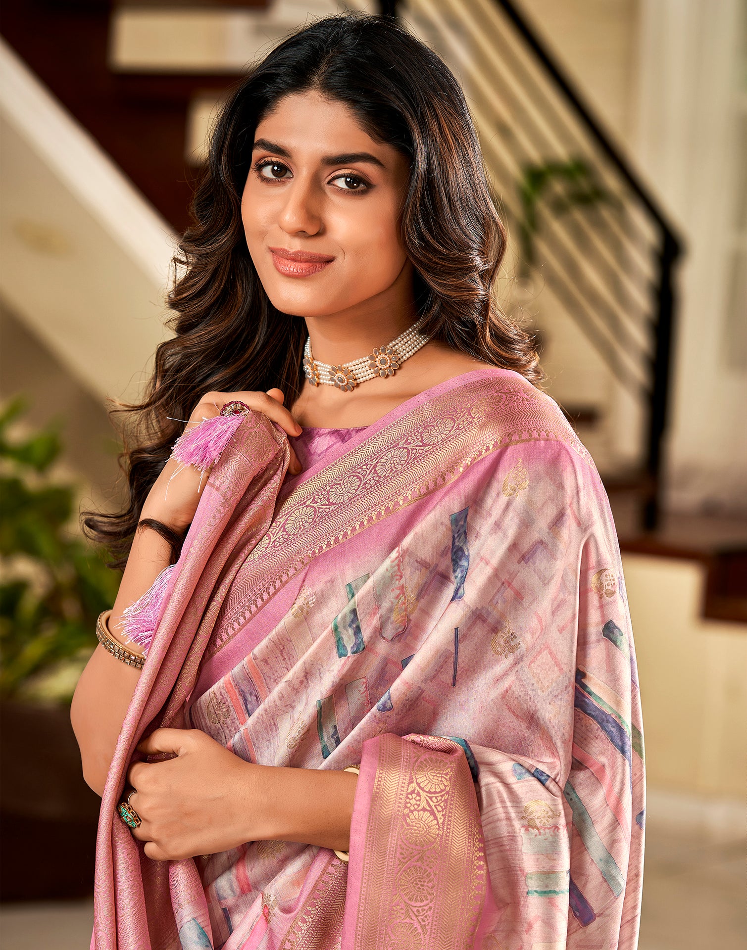 Light Pink Weaving Silk Printed Saree