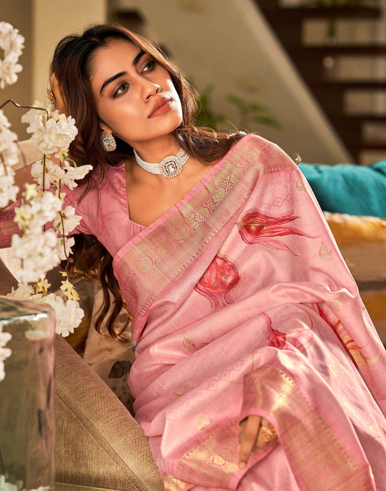 BABY PINK NATURAL SILK WITH ORGANZA SAMYUKTA SAREE WITH EMERALD GREEN –  SHIVANI BHARGAVA