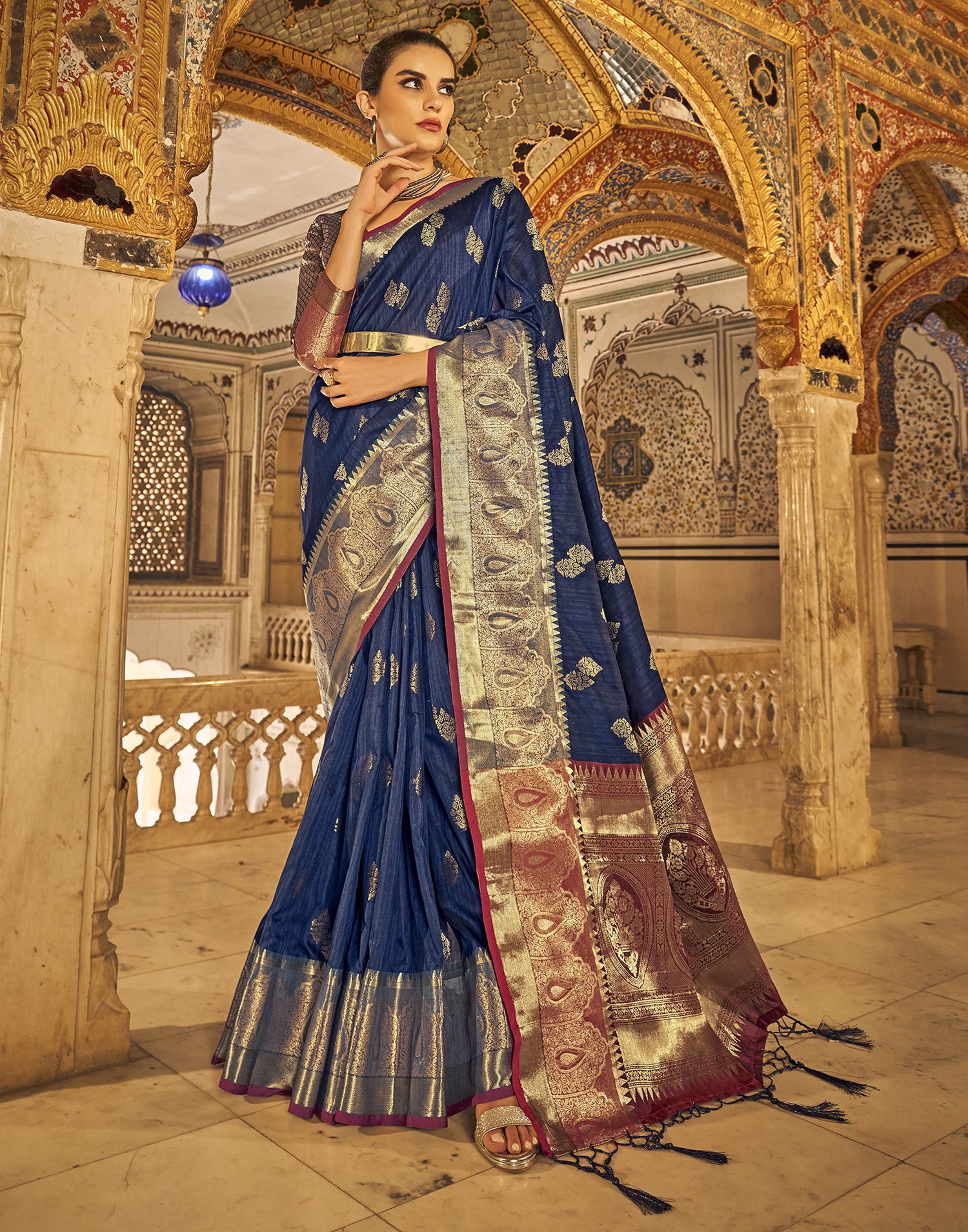 Navy Blue Weaving Silk Banarasi Saree