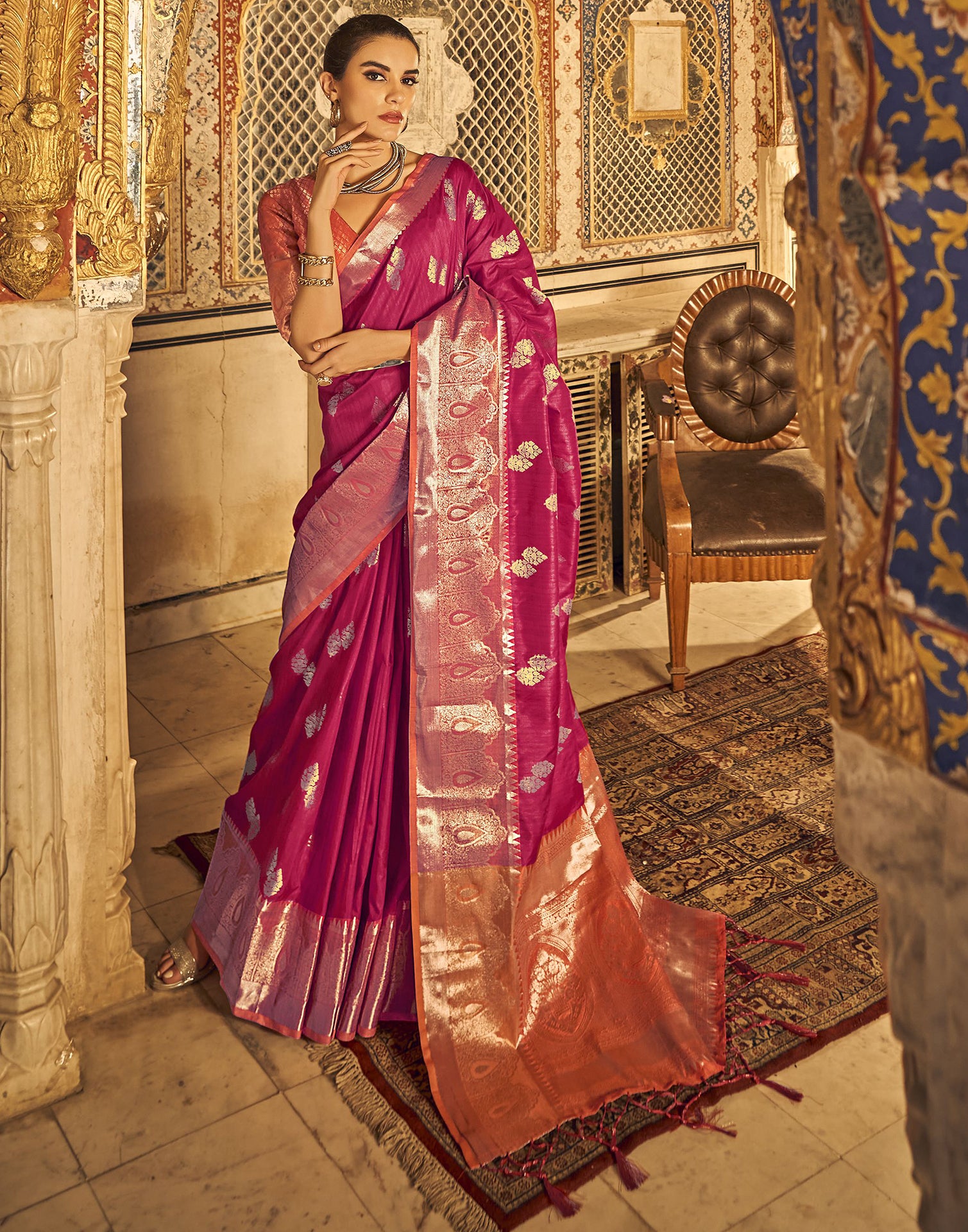 Royal Blue-Pink Banarasi Silk Wrap in 1 minute saree