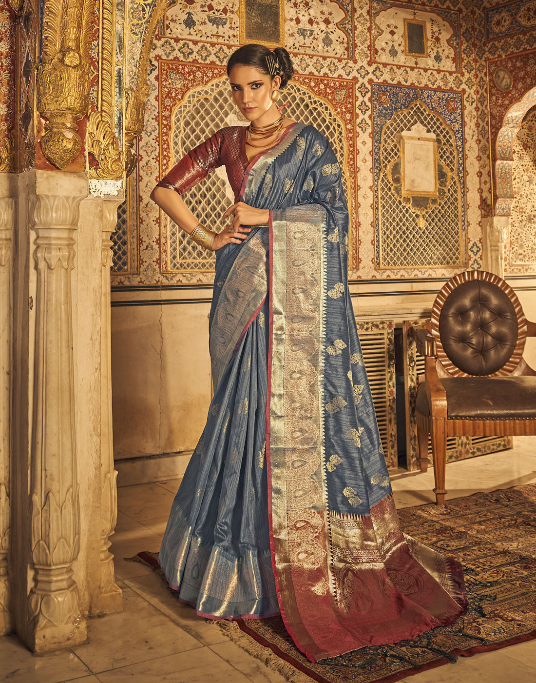 Grey Weaving Silk Banarasi Saree