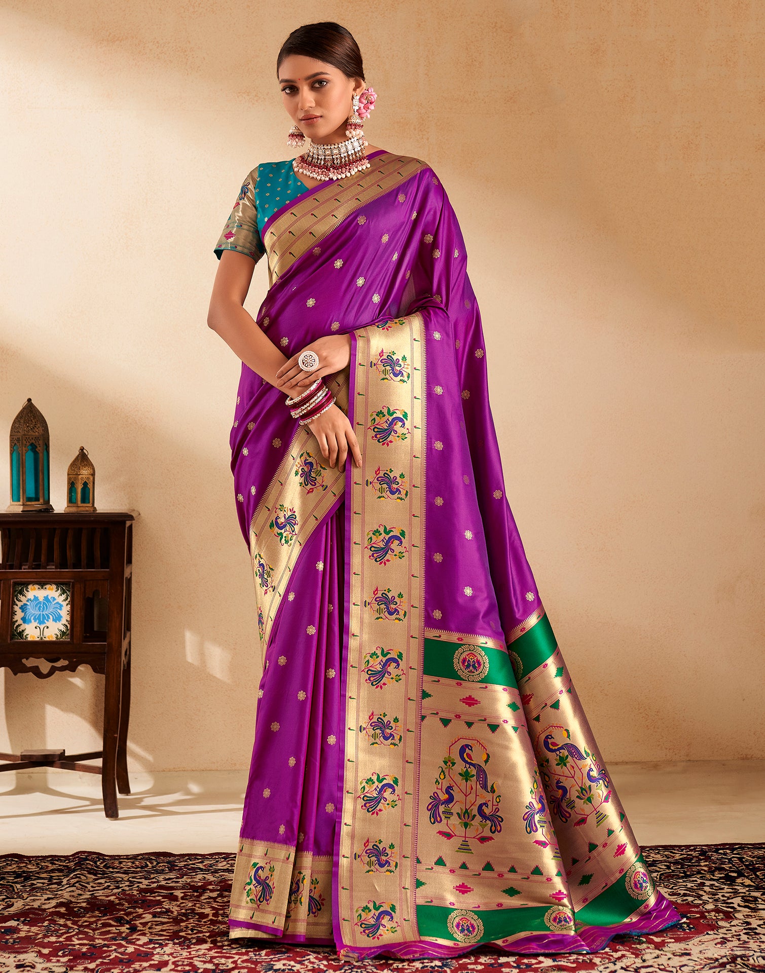 Dark Purple Kanchipuram Silk Saree with Pink Border