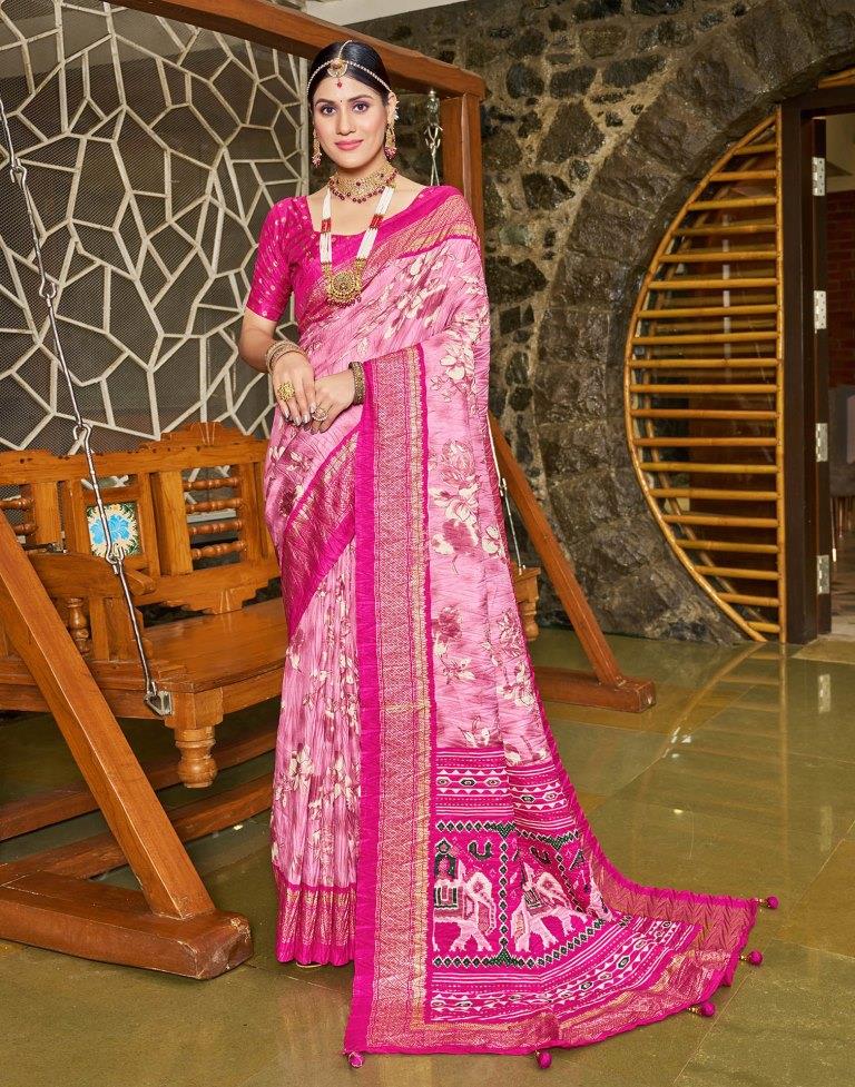 Pink Printed Silk Saree