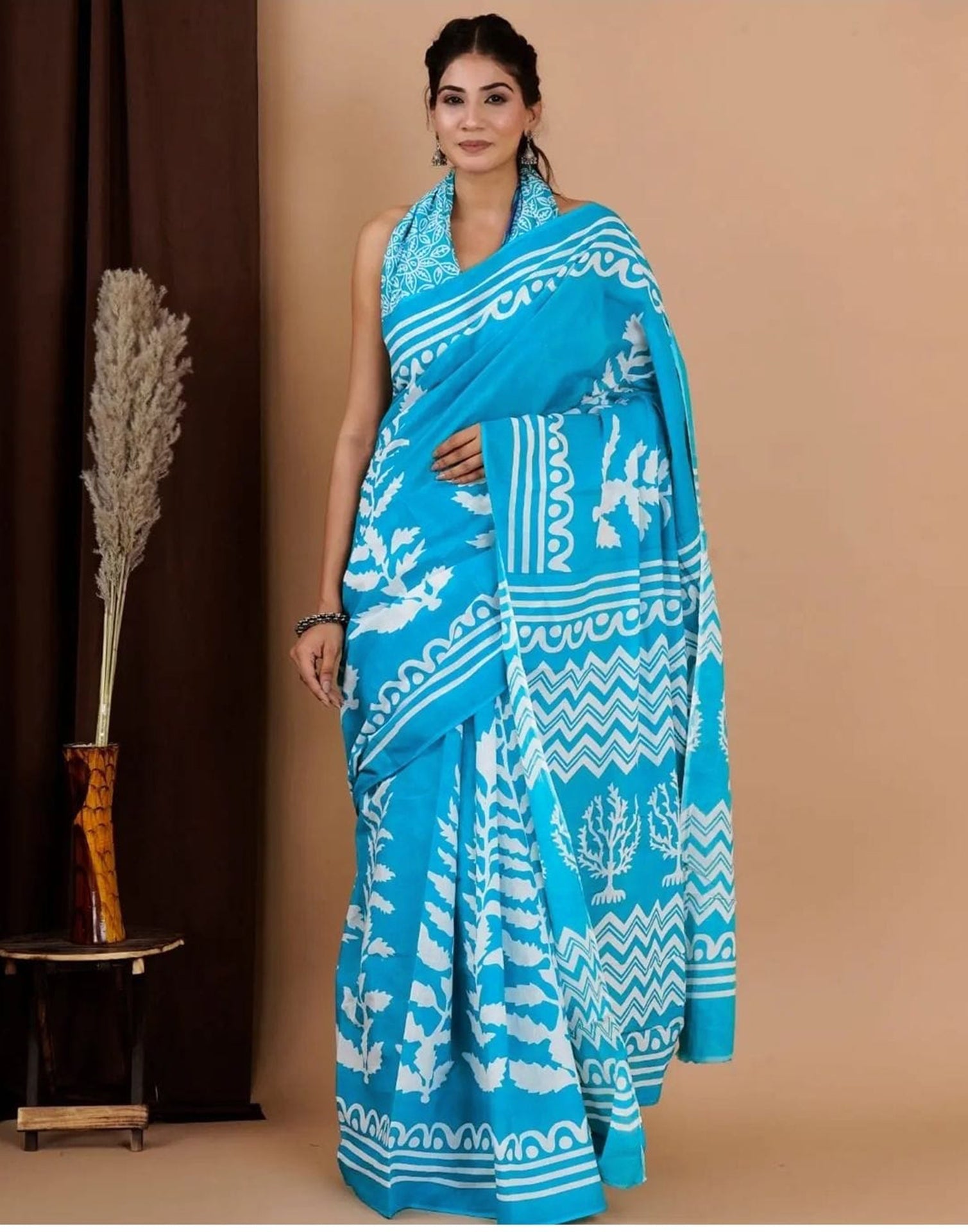 Newyou Creation Casual Wear Ladies Yellow And Sky Blue Hand Block Print  Mulmul Cotton Saree, With Blouse Piece, 6.50 M at best price in New Delhi