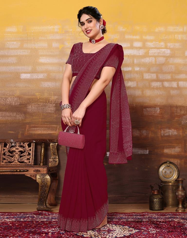Pink and Maroon color Georgette sarees with all over foil with attached  weaving border design -GEOS0008692