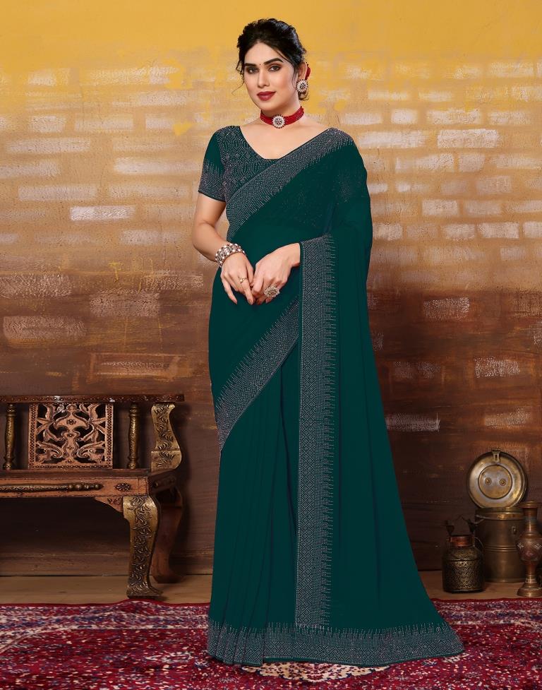 Dark Green Georgette Plain Saree With Digital Print Unstitch Blouse