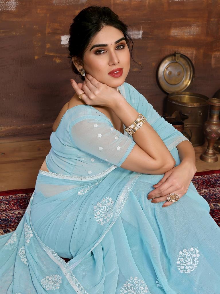 Sky Blue Pink Pure Banarasi Saree Online | Chiffon Banarasi – ViBha