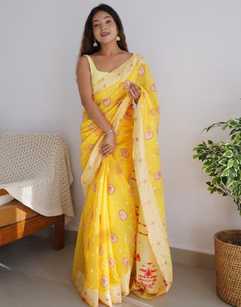 Yellow Banarasi Cotton Saree