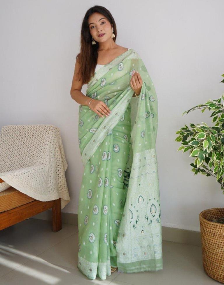 Light Green Banarasi Cotton Saree