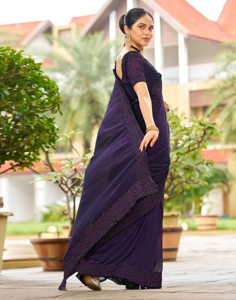 Silk Linen Plain Saree Deep Purple Color with contrast border and attached  Running Blouse-Indiehaat – Indiehaat.com