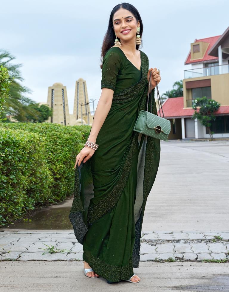 Mehndi Green Banarasi Dola Silk Saree with Embroidery Work - Urban Womania