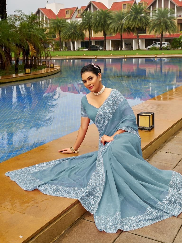 Buy Teal Blue Chiffon Saree online-Karagiri