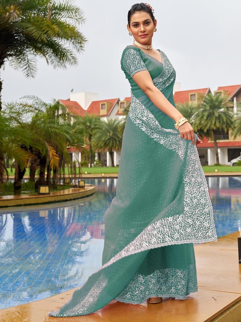 Sea Green Soft Georgette Plain Uniform Sarees For Housekeeping