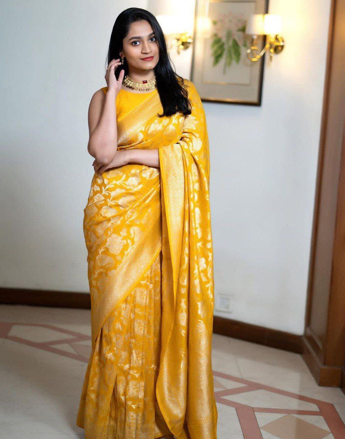 Yellow Jacquard Silk Saree
