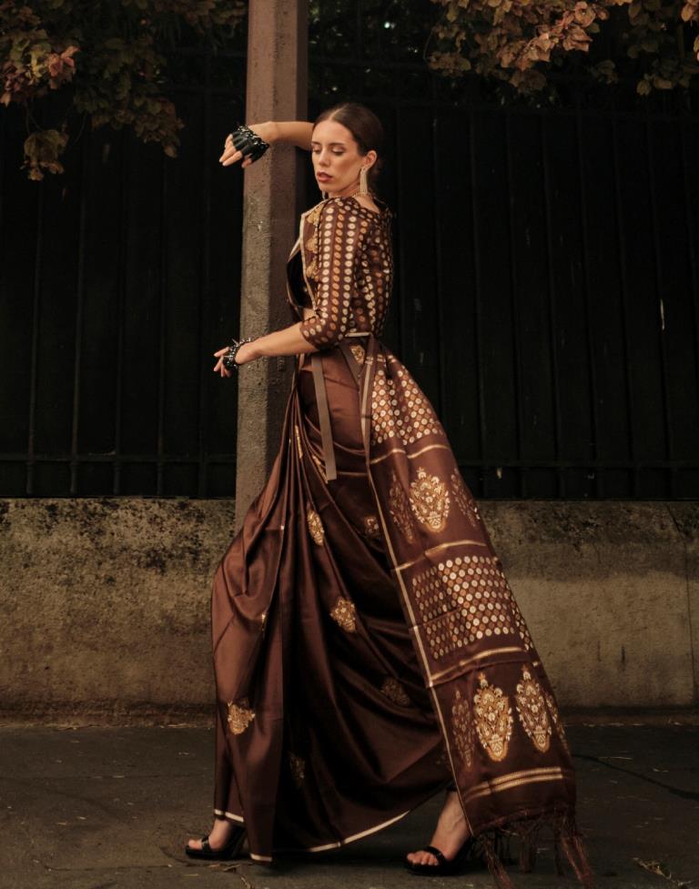 Brown Pure Satin Handloom Weaving Banarasi Saree | Leemboodi