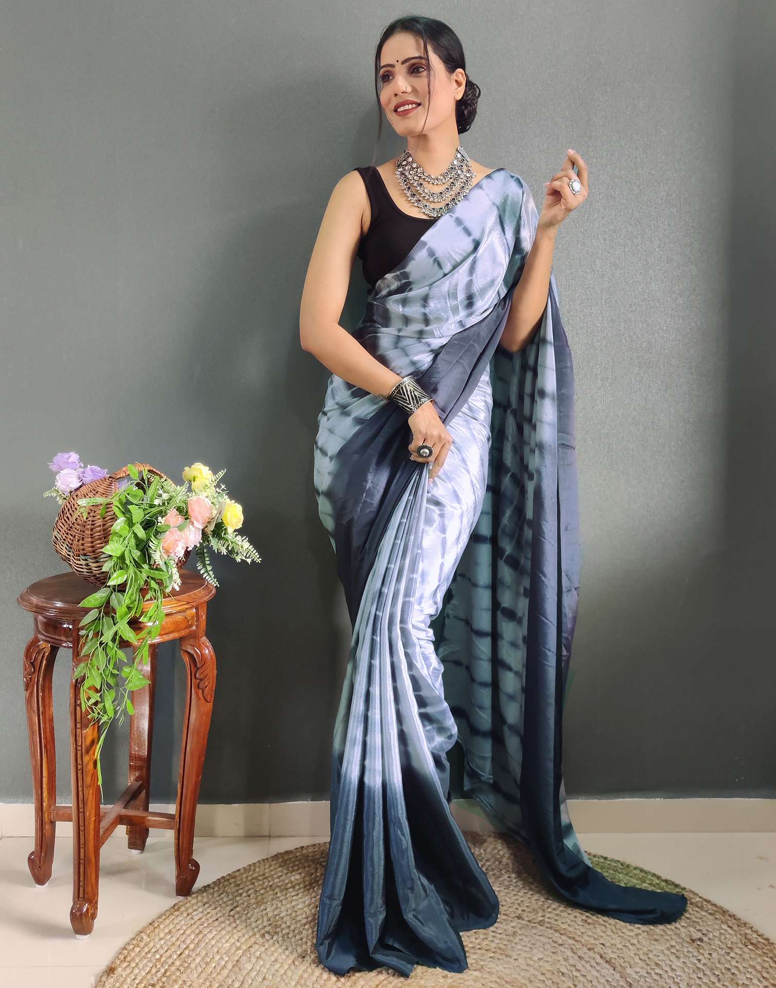 Shloka Khialani Marina Pre-draped Saree With Blouse | Blue, Metallic  Striped, Geor… | Netted blouse designs, Trendy blouse designs, Fashionable saree  blouse designs