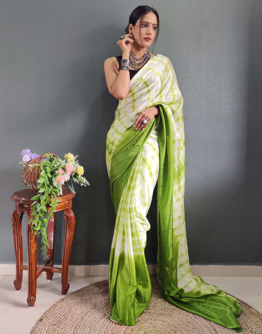 Light Green Printed Silk Pre-draped Saree