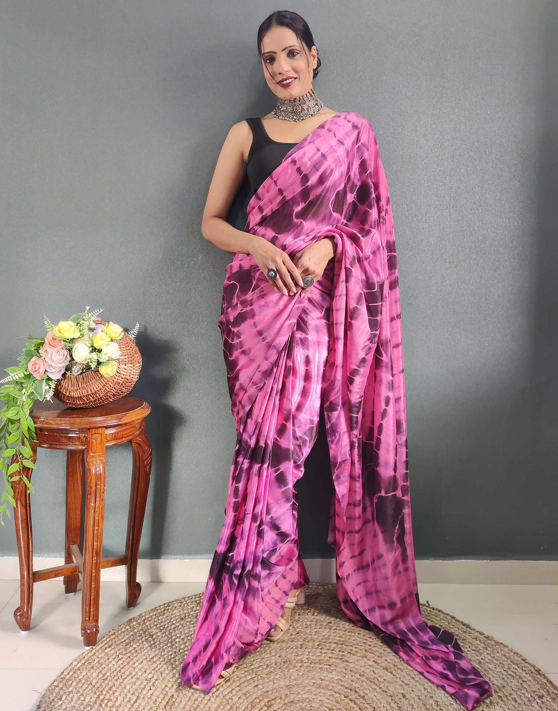 Pink Printed Silk Pre-draped Saree