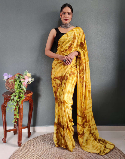 Yellow Printed Silk Pre-draped Saree