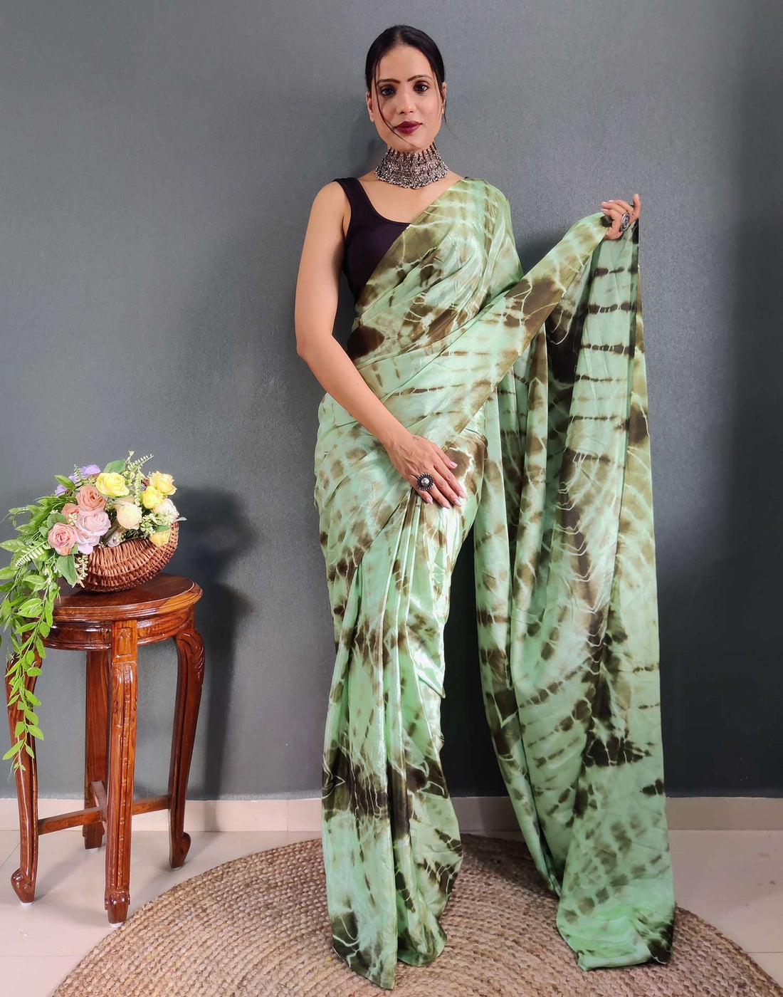 Sea Green Printed Silk Pre-draped Saree