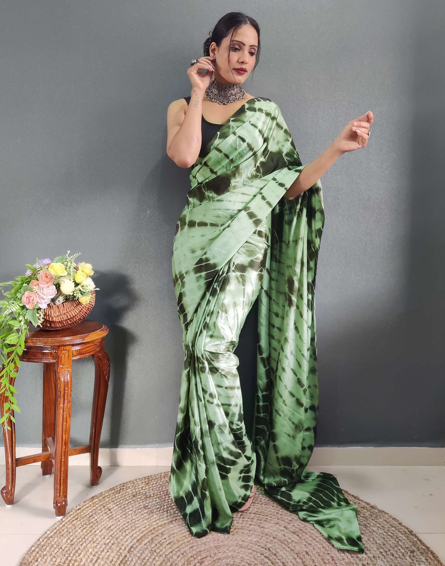 Dull Green Printed Silk Pre-draped Saree