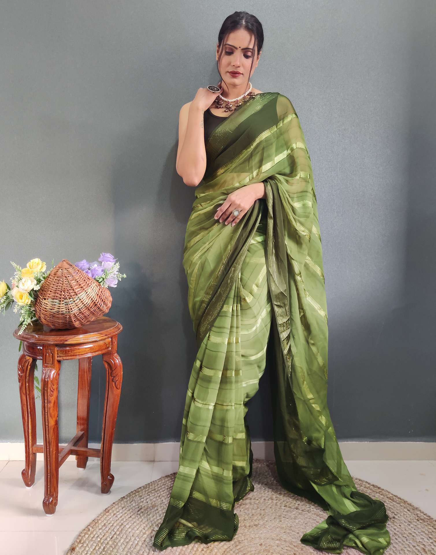 Mehandi Green Weaving Georgette Pre-draped Saree