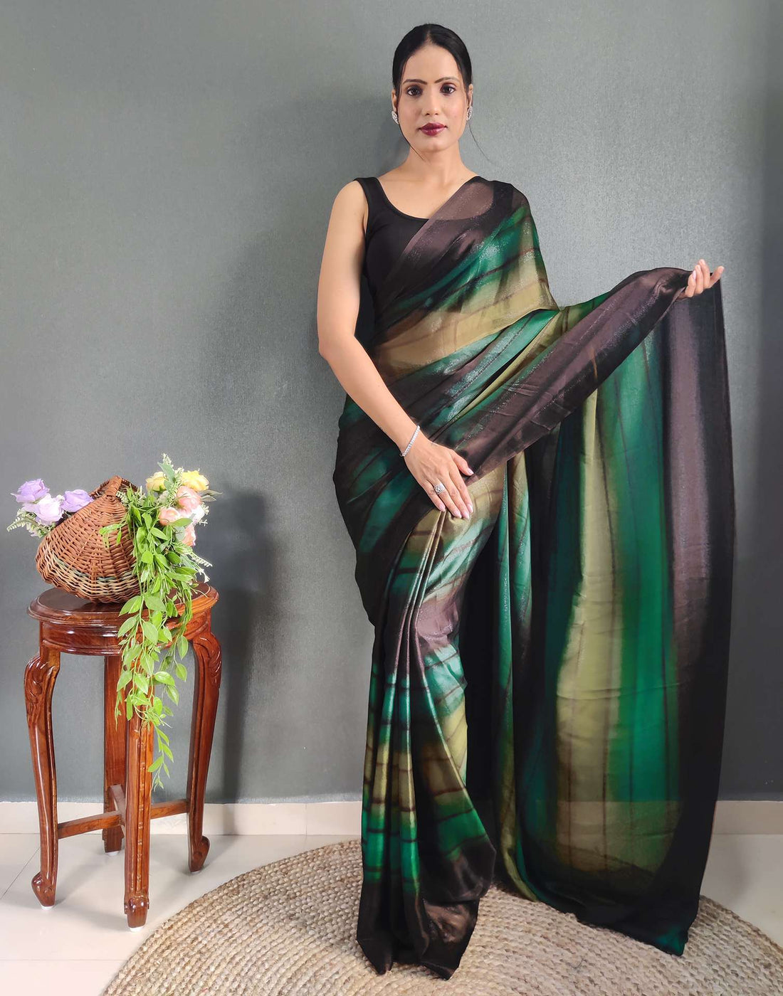 Mehandi Green Printed Georgette Pre-draped Saree