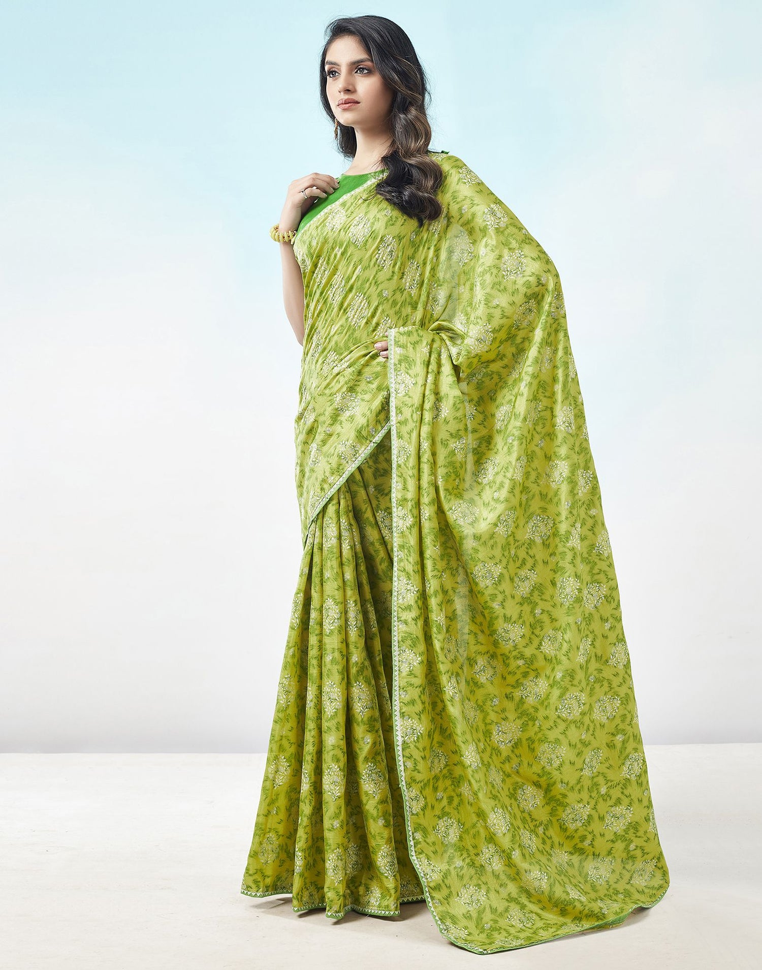Olive Green Printed Silk Saree