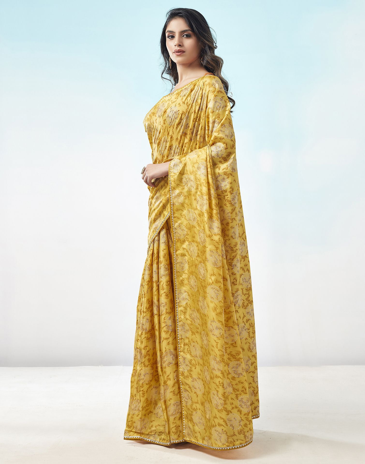 Lemon Yellow Printed Silk Saree