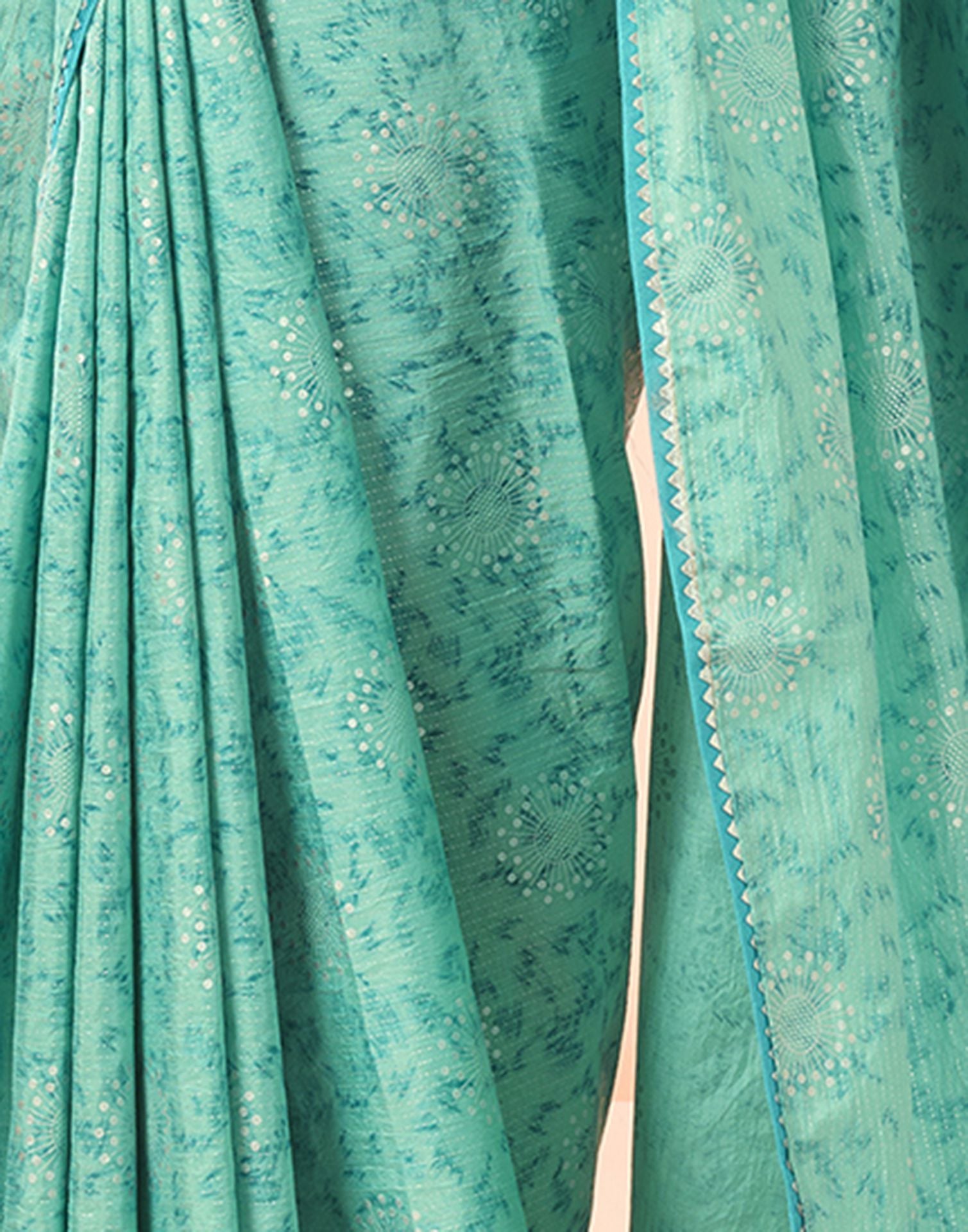 Turquoise Green Printed Silk Saree