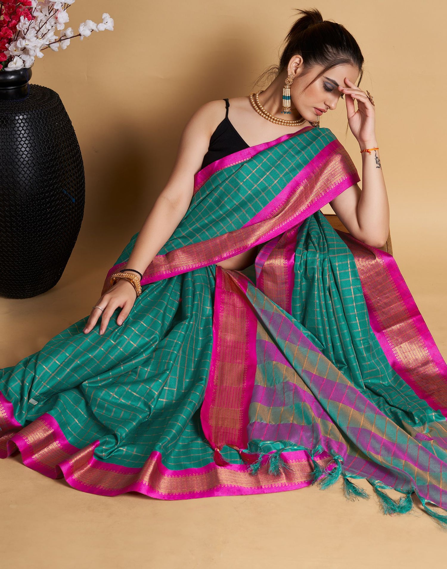 Rama Green Self Woven Silk Saree