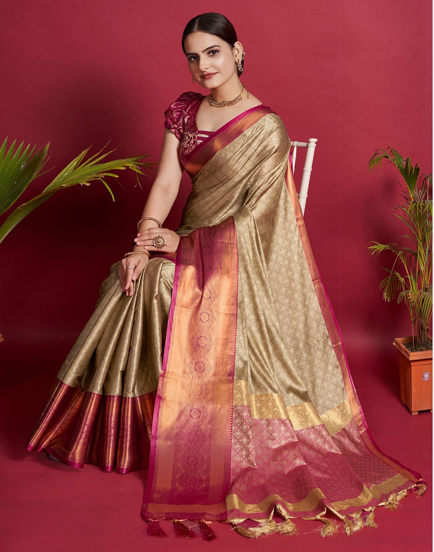 Jacquard Silk Sarees Brown Colour, casual wear