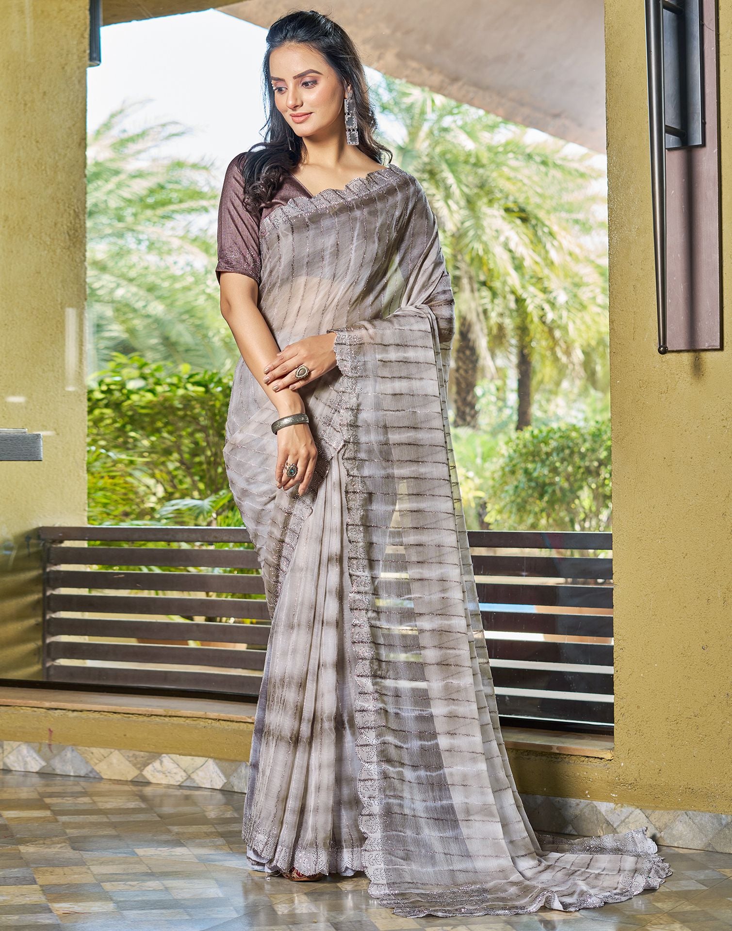 Brown Colour Chiffon Saree with Green Printed Border and Blouse Piece |  FashSpark