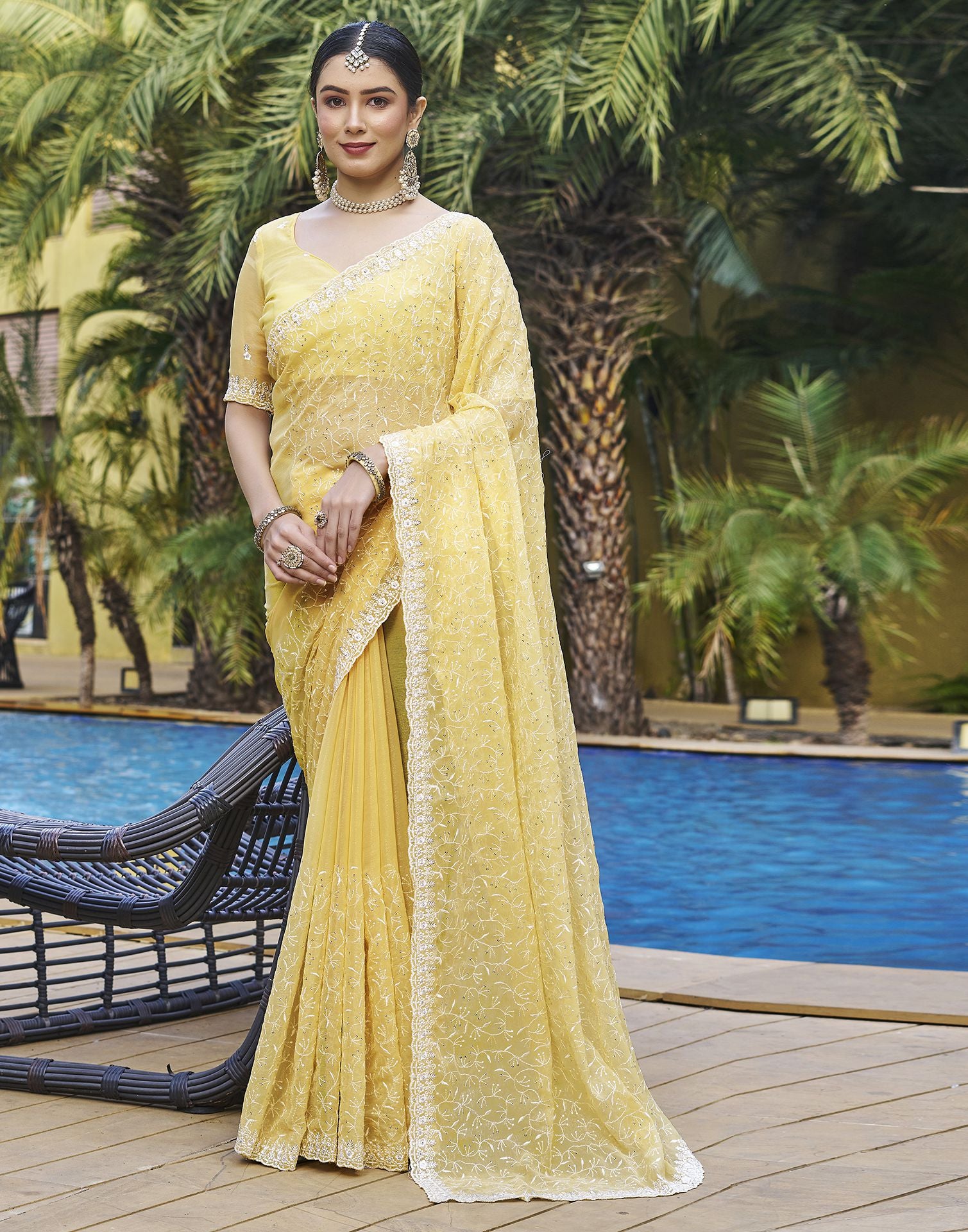 FABMORA Printed Bollywood Chiffon Saree (Yellow) - Price History