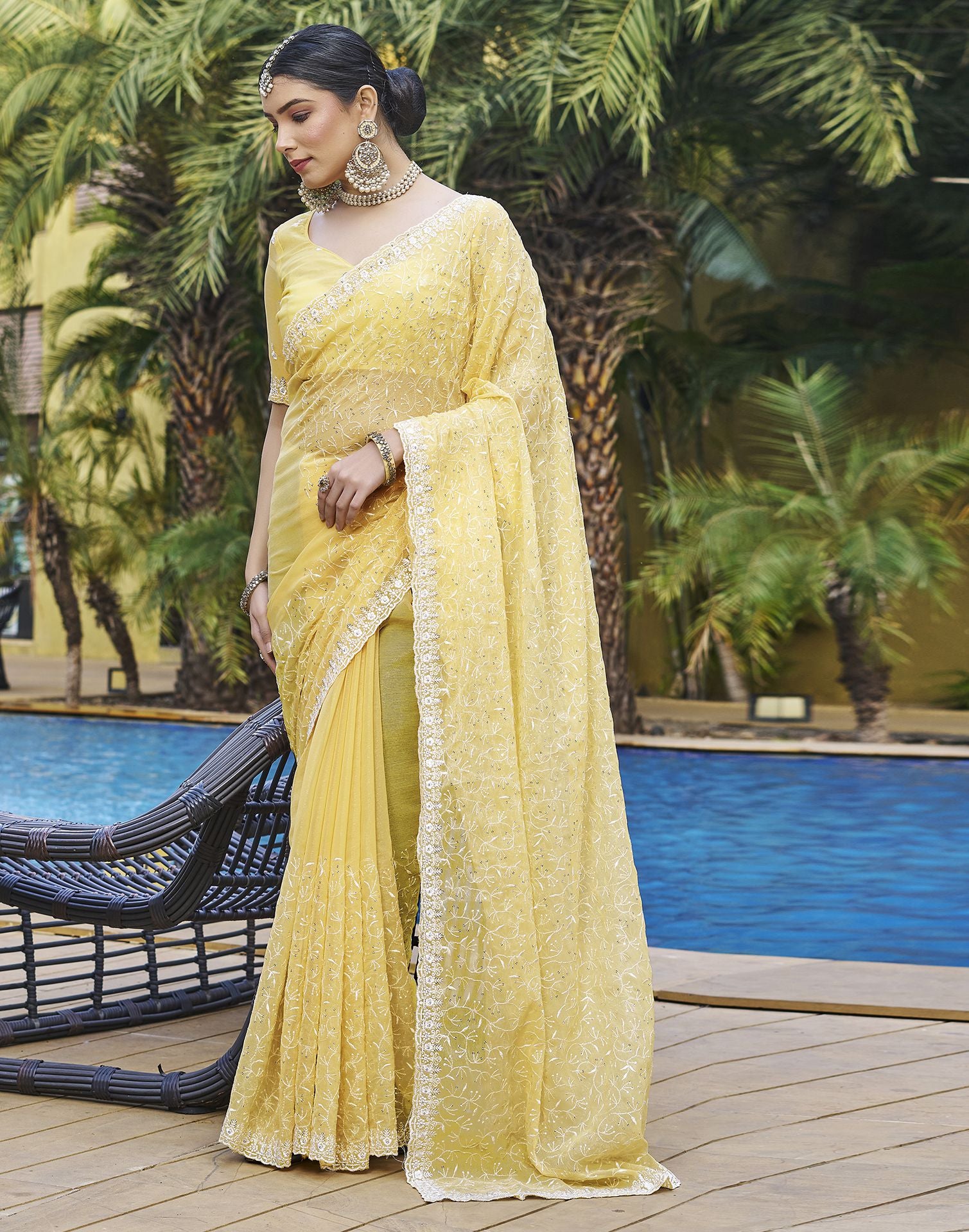 Shop Yellow Chiffon Georgette Saree Online in USA |Silver Zari Border –  Pure Elegance