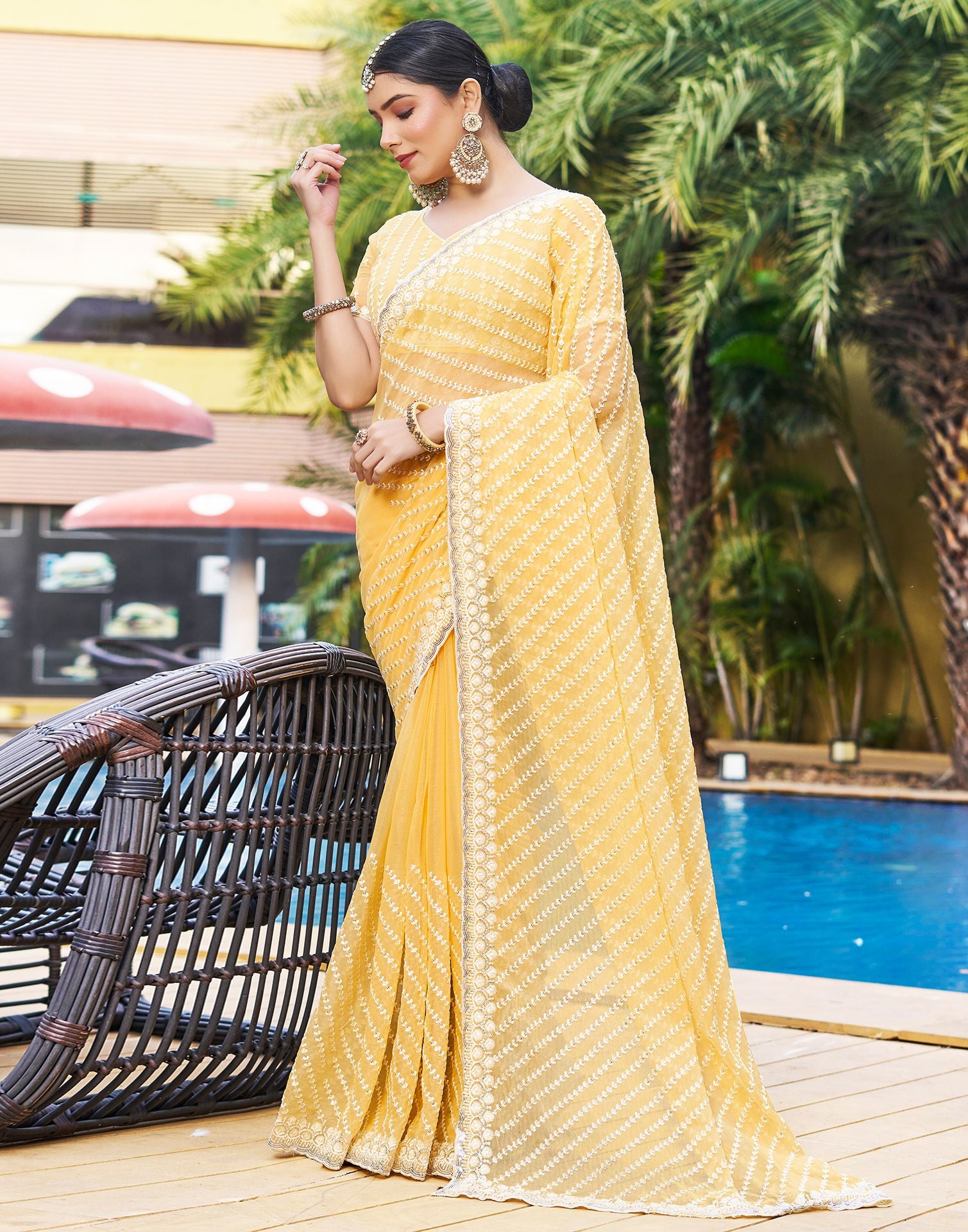 Chiffon Yellow Printed Chiffon Sarees With Blouse - Zakarto