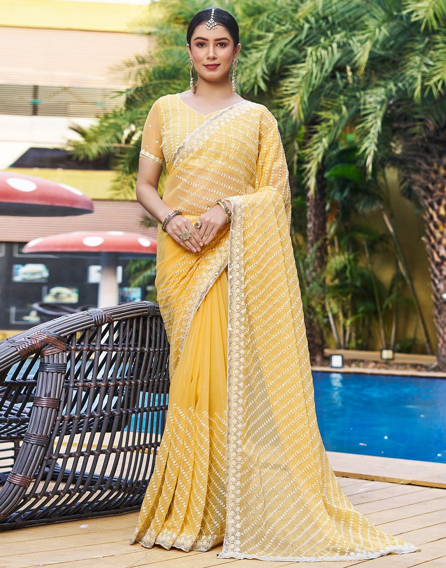 Buy Yellow Saree Tulle Embroidered Sequin Work Sweetheart With Blouse For  Women by Priti Sahni Online at Aza Fashions.